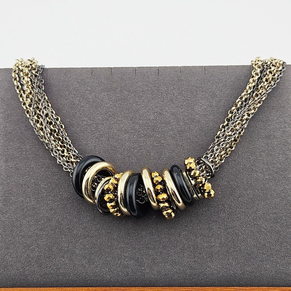 Robert Rose Multichain Beaded Statement Necklace Silver Gold Black Chunky